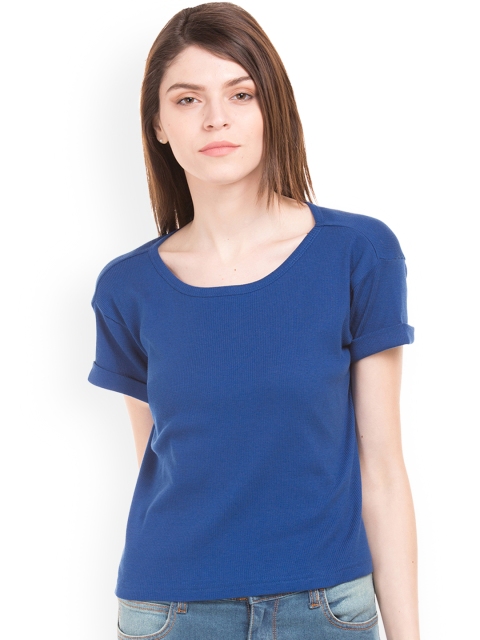 

Sugr Women Blue Solid Pure Cotton Top