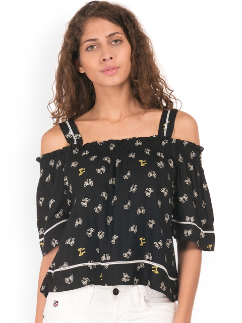 

Sugr Women Black Printed Cold-Shoulder Sleeves Top