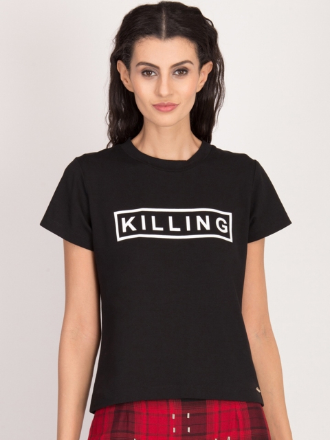 

Magzayra Women Black Printed Round Neck T-shirt