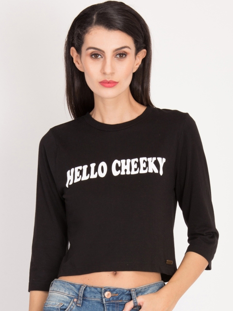 

Magzayra Women Black Printed Round Neck T-shirt
