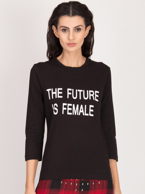 

Magzayra Women Black Printed Round Neck T-shirt