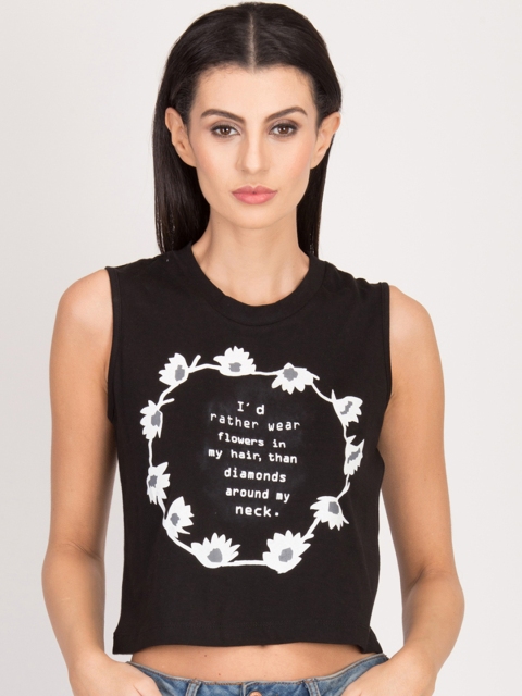 

Magzayra Women Black Printed Round Neck T-shirt