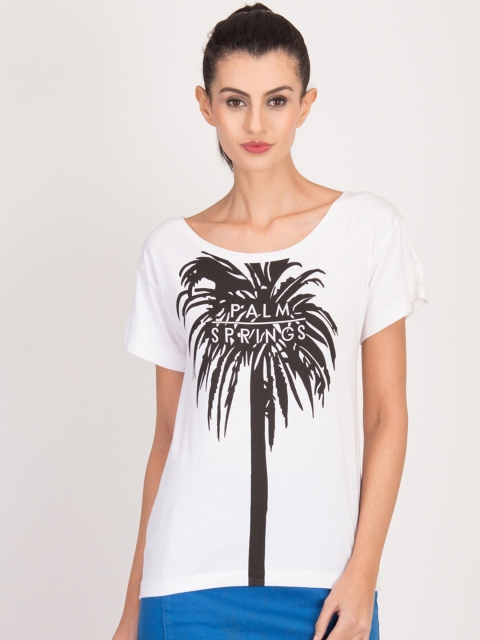 

Magzayra Women White Printed Round Neck T-shirt