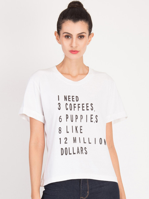 

Magzayra Women White Printed Round Neck T-shirt