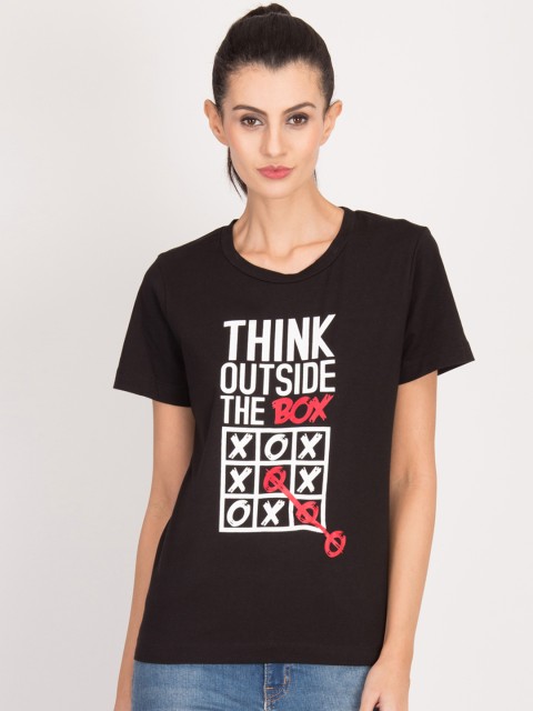 

Magzayra Women Black Printed Round Neck T-shirt