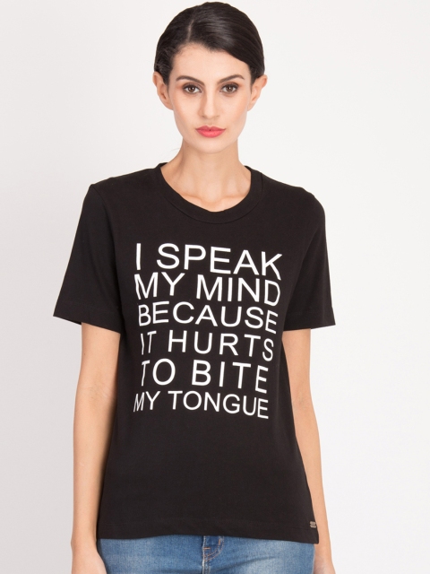 

Magzayra Women Black Printed Round Neck T-shirt