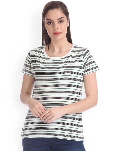 

SUICIDE SQUAD Women White & Black Striped Round Neck T-shirt