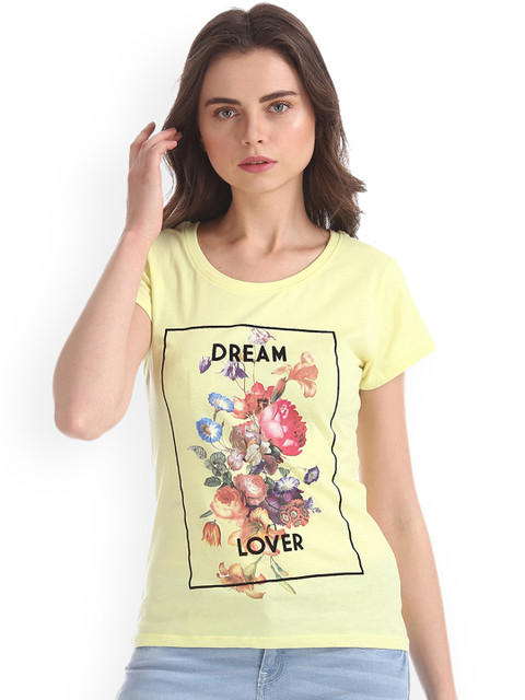 

Sugr Women Yellow Printed Round Neck T-shirt