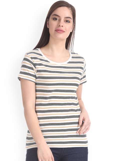 

Sugr Women White Black Striped Round Neck Pure Cotton T-shirt