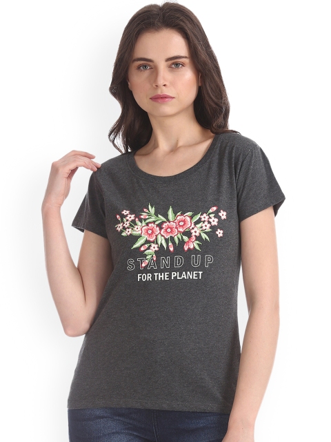 

Sugr Women Grey Printed Round Neck T-shirt