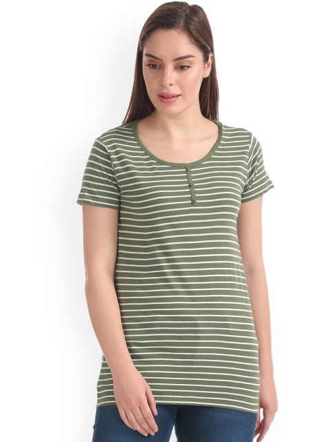 

Sugr Women Green Striped Henley Neck T-shirt