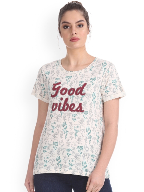 

Sugr Women White Printed Round Neck T-shirt