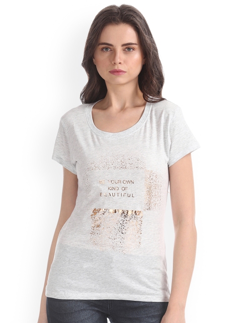 

Sugr Women Grey Melange Printed Round Neck T-shirt