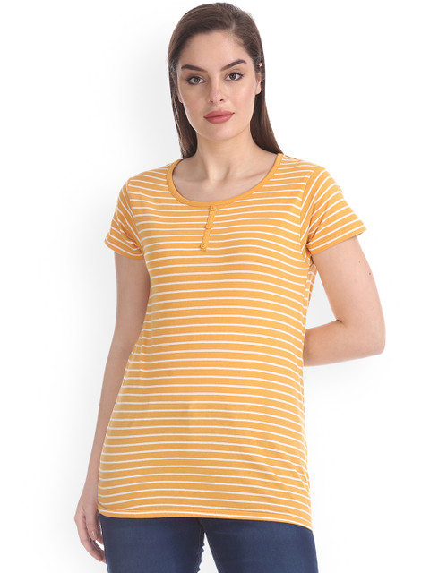 

Sugr Women Yellow Striped Henley Neck Pure Cotton T-shirt