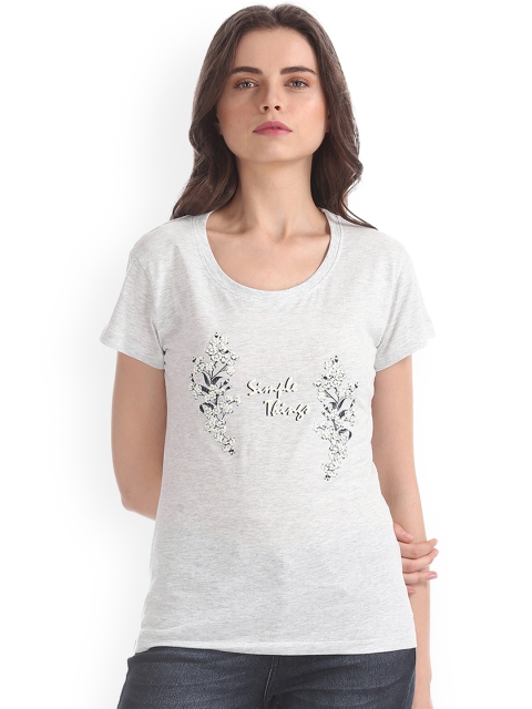 

Sugr Women Grey Melange Printed Round Neck T-shirt
