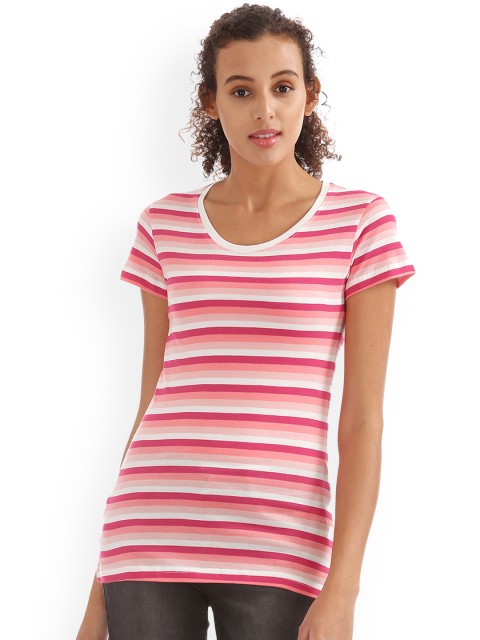 

Sugr Women Pink & White Striped Round Neck T-shirt