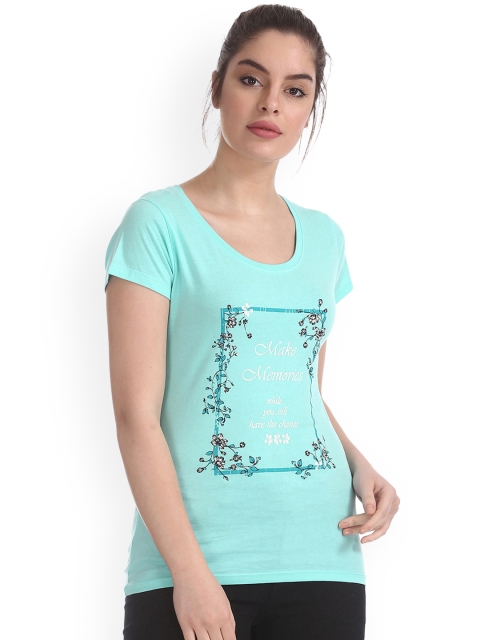 

Sugr Women Turquoise Blue Printed Round Neck T-shirt