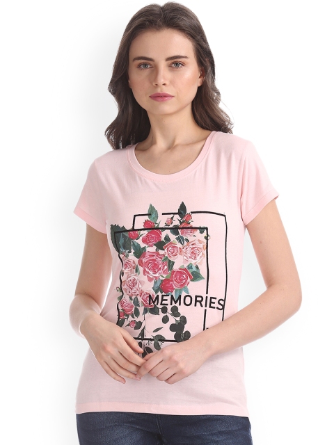 

Sugr Women Pink Printed Round Neck Pure Cotton T-shirt