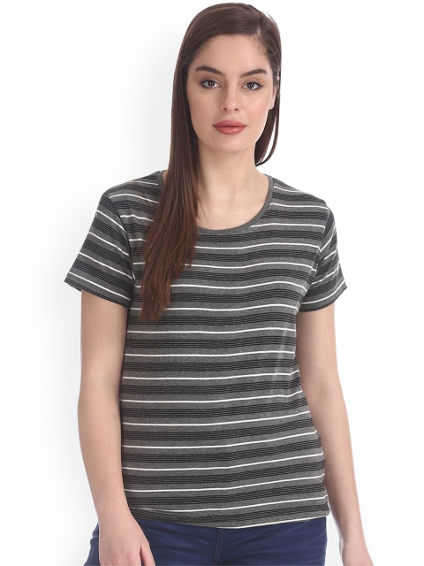 

Sugr Women Charcoal Grey & White Striped Round Neck T-shirt