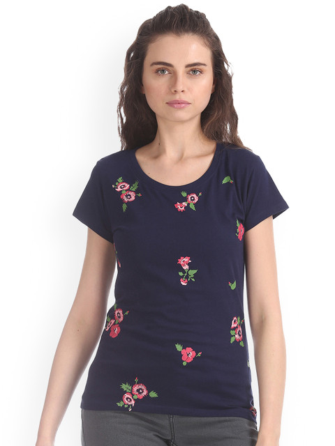 

Sugr Women Navy Blue & Pink Floral Print Round Neck T-shirt