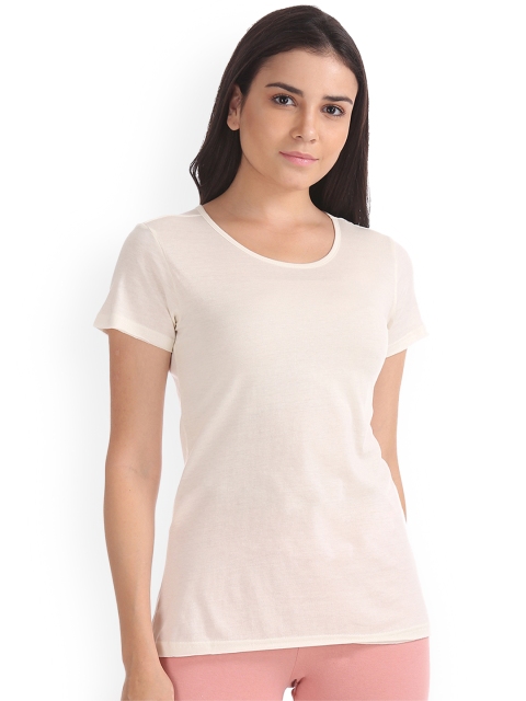 

Sugr Women Off-White Solid Round Neck T-shirt