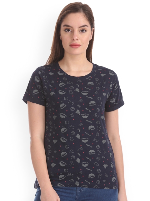 

Sugr Women Navy Blue & Grey Printed Round Neck T-shirt
