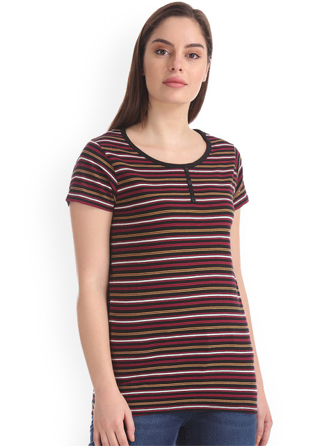 

Sugr Women Pink & Black Striped Henley Neck T-shirt