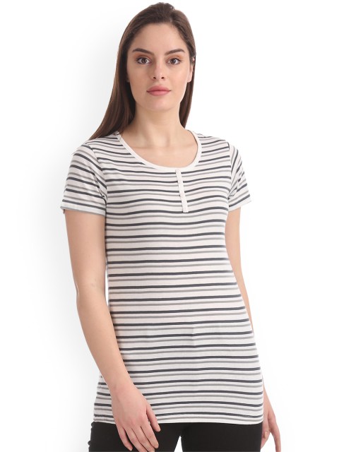 

Sugr Women Off-White & Grey Striped Henley Neck T-shirt