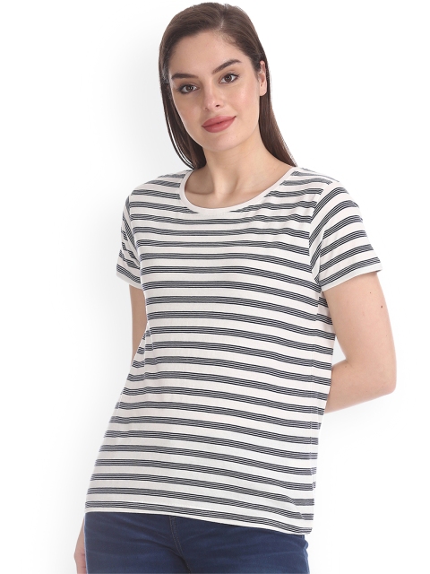 

Sugr Women Off-White & Navy Striped Round Neck T-shirt
