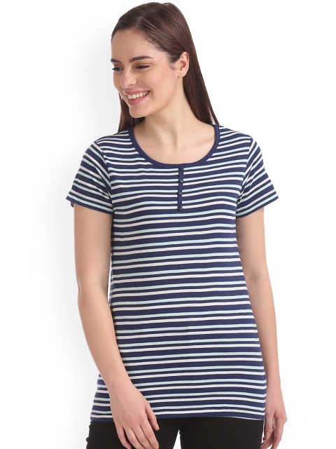 

Sugr Women Blue & White Striped Henley Neck T-shirt