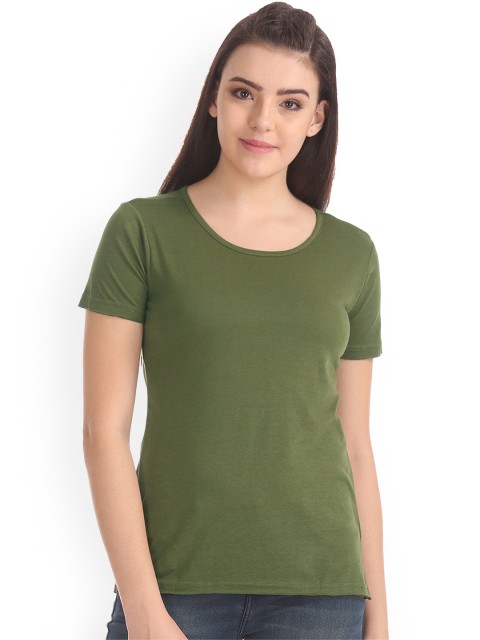 

Sugr Women Olive Green Solid Round Neck T-shirt