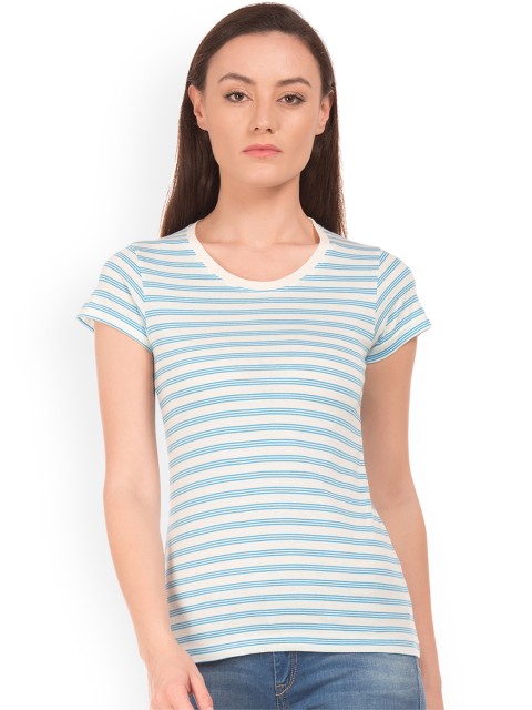 

Sugr Women Blue & White Striped Round Neck T-shirt