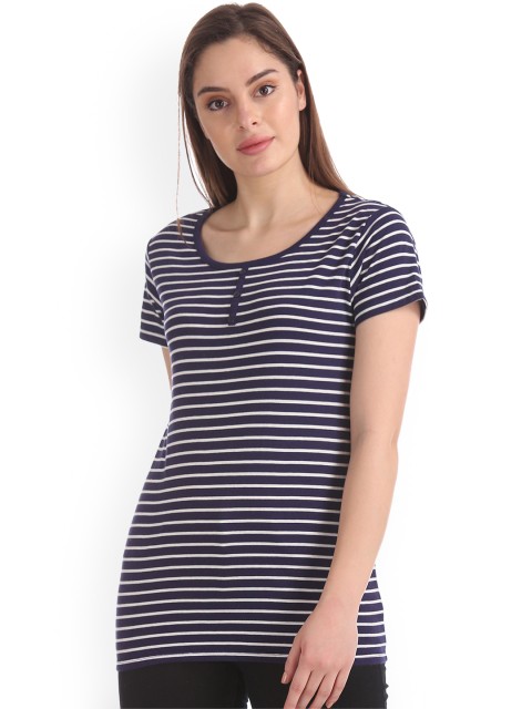 

Sugr Women Navy Blue White Striped Henley Neck Pure Cotton T-shirt