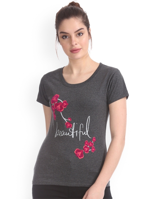 

Sugr Women Charcoal Grey Floral Print Round Neck T-shirt