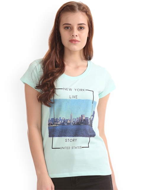 

Sugr Women Blue Printed Round Neck Pure Cotton T-shirt