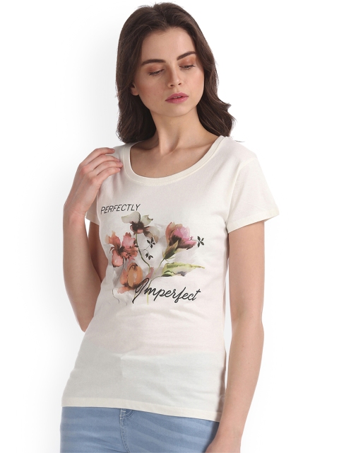

Sugr Women White Printed Round Neck T-shirt