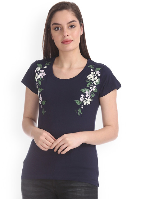 

Sugr Women Navy Blue Printed Round Neck T-shirt