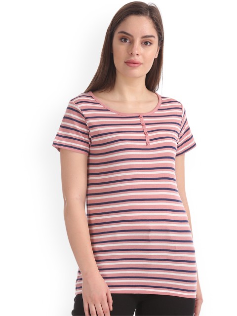 

Sugr Women Pink & White Striped Round Neck T-shirt
