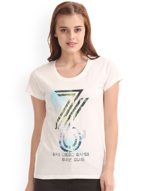 

Sugr Women Off-White Printed Round Neck T-shirt