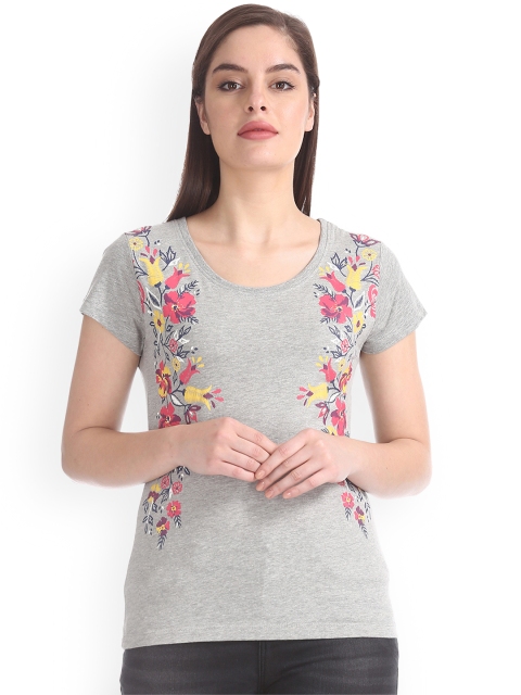 

Sugr Women Grey Melange Floral Print T-shirt