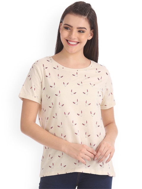 

Sugr Women Beige Printed Round Neck T-shirt