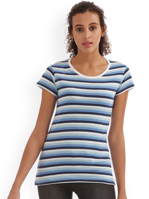

Sugr Women Blue Striped Round Neck T-shirt