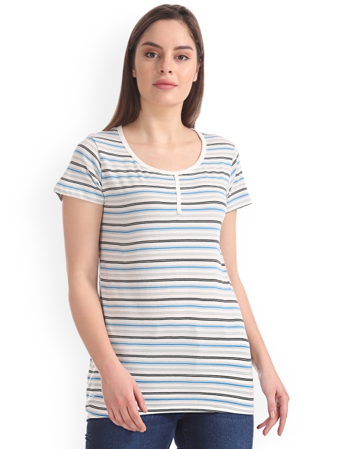 

Sugr Women White & Blue Striped Round Neck T-shirt