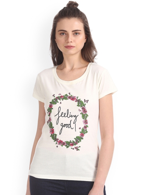

Sugr Women White Printed Round Neck T-shirt