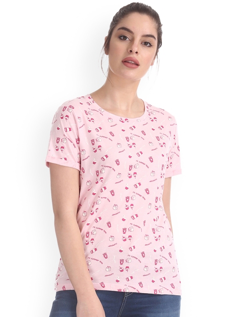 

Sugr Women Pink Printed Round Neck Pure Cotton T-shirt