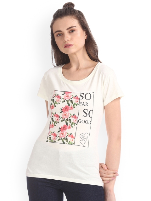 

Sugr Women White Printed Round Neck T-shirt