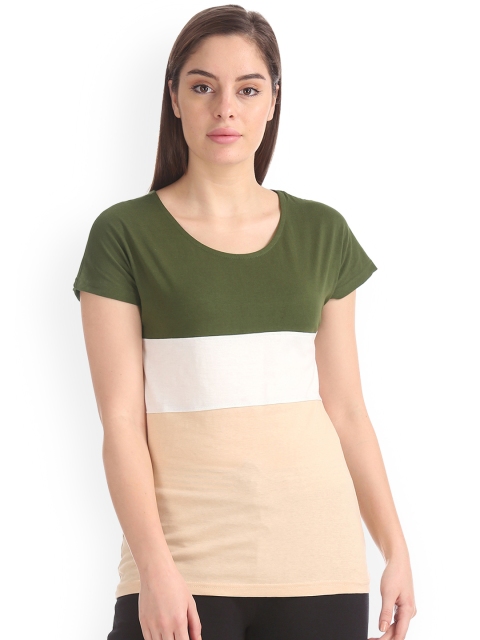 

Sugr Women Beige & Olive Green Colourblocked Round Neck T-shirt