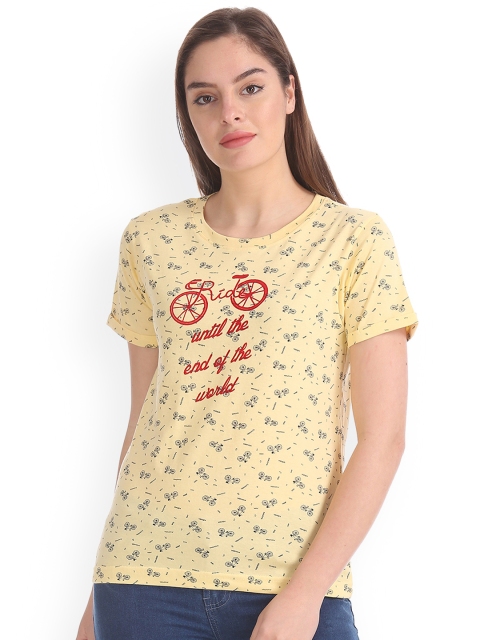 

Sugr Women Yellow Printed Round Neck T-shirt