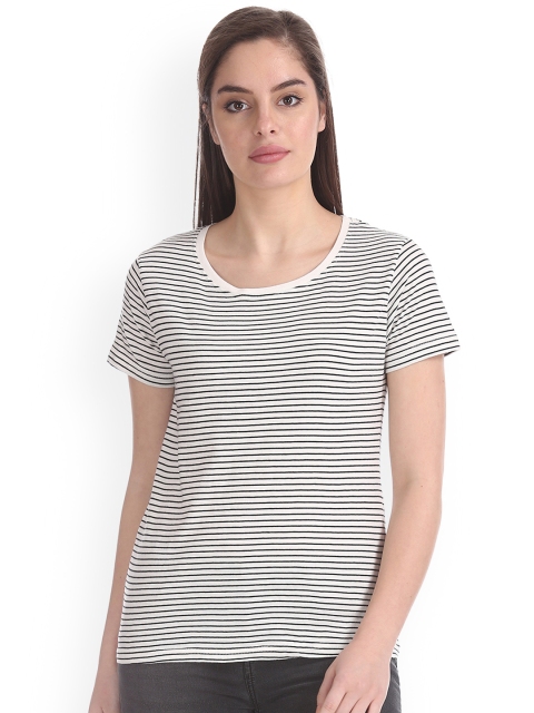 

Sugr Women White & Black Striped Round Neck T-shirt