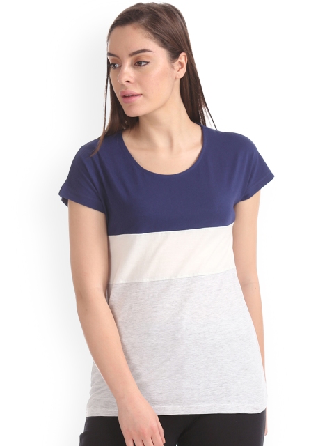 

Sugr Women Navy Blue & Grey Melange Colourblocked Round Neck T-shirt